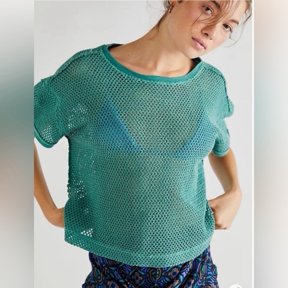 We the Free Teal Sheer Mesh Boxy Short Sleeve Crewneck Athleisure Top XS NWT